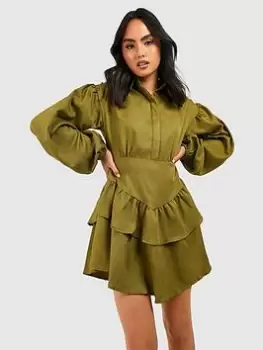 Image of Boohoo Ruffle Skirt Shirt Dress - Khaki, Green, Size 10, Women