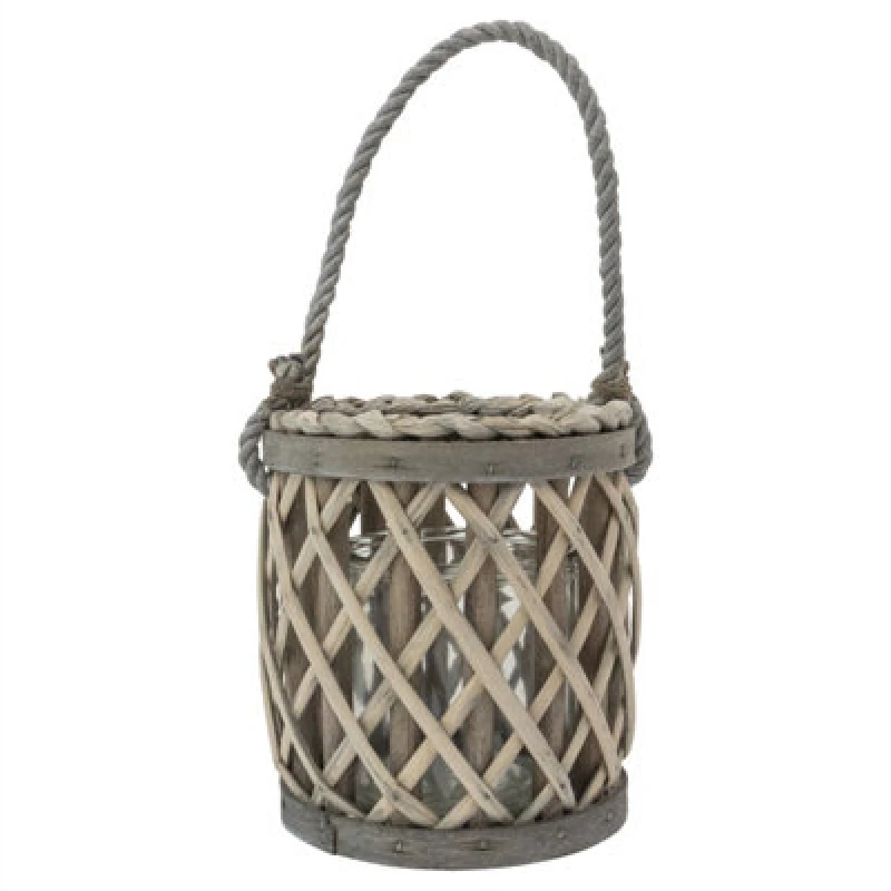 Image of Jvl Luna Natural Willow Wood Lantern With Braided Rope Handle - Grey White Washed, Set Of 2