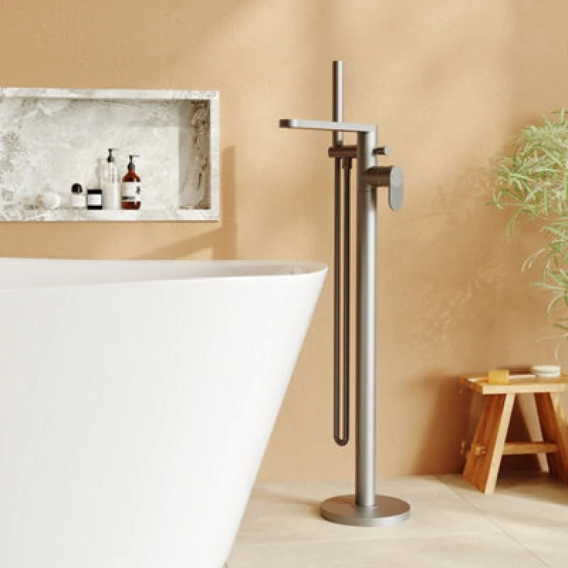 Image of FNX Bathrooms Linea Freestanding Bath Shower Mixer With Kit Brushed Pewter Contemporary 1 Hole