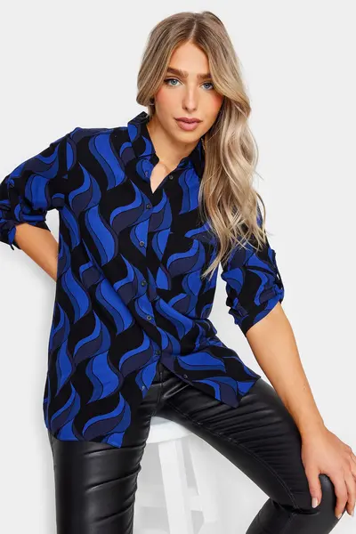 image of M&Co Swirl Print Tab Sleeve Shirt Blue