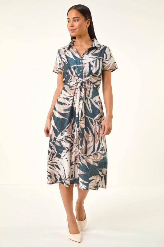Image of Roman Womens Petite Leaf Print Tie Midi Dress Size: 18 Multicolor Female 18