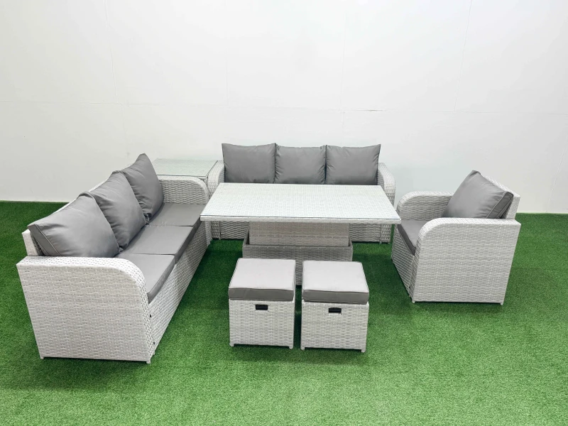 Image of Fimous 9 Seater Poly Rattan Outdoor Garden Furniture Adjustable Lifting Dining or Coffee Table Sofa Set Stools Side Table Light Grey