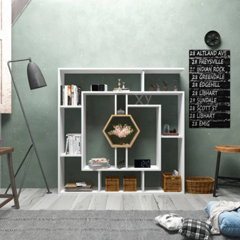 Image of Decorotika Labrina Geometric Design Bookcase White & Sapphie Oak