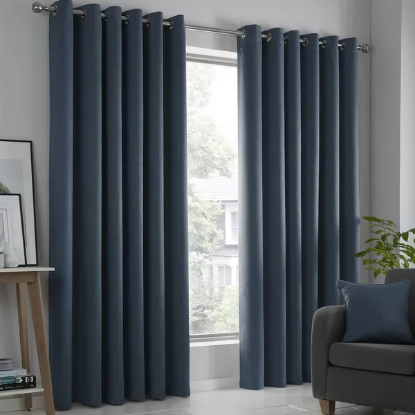 image of Fusion Strata Woven Eyelet Lined Curtains, Navy, 46 x 54" - Fusion SR5NY46546UPU