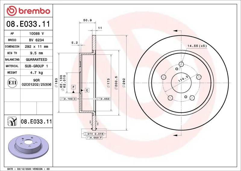 Image of BREMBO Brake disc BREMBO 08.E033.11