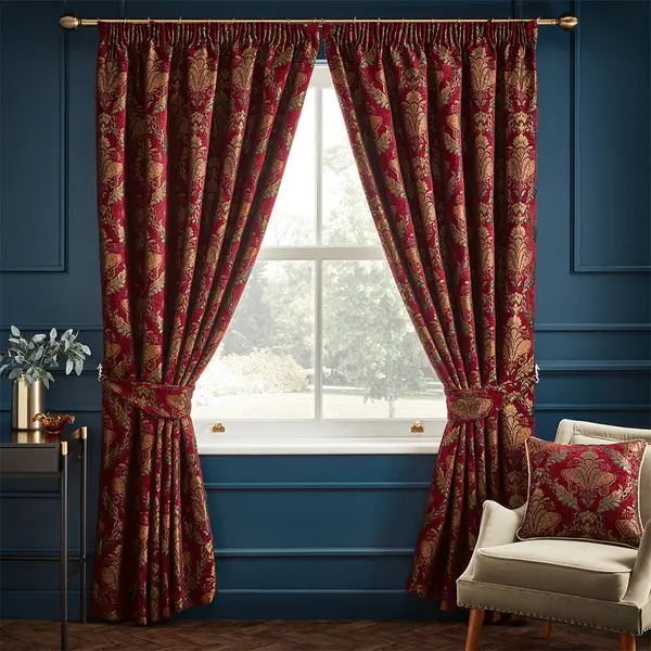 image of Shiraz Traditional Jacquard Pencil Pleat Curtains Burgundy / 168 x 229cm