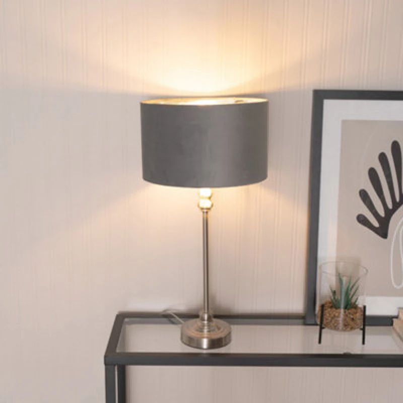 Image of ValueLights ValueLights Maggie Chrome Candlestick Table Lamp with Grey Velvet and Chrome Lamp Shade Grey One Size Unisex 5059406061660