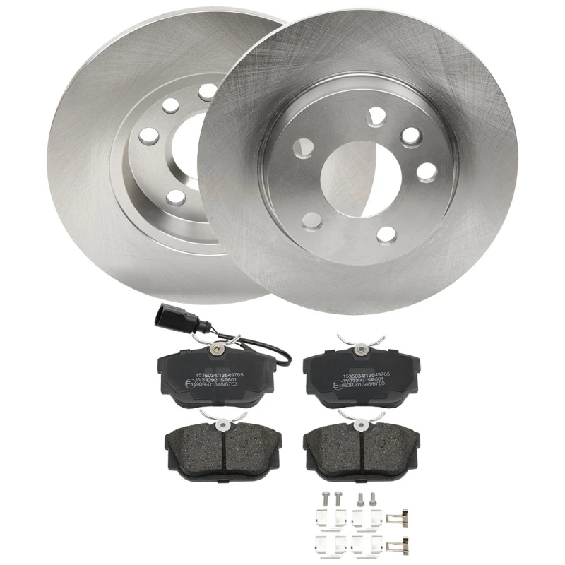 Image of RIDEX 3405B1543 Brake disc and pads set with accessories, Rear Axle, Brake Disc Type: Solid, with integrated wear warning contact, with anti-squeak pl