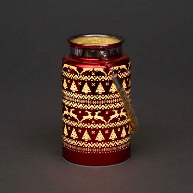 Image of Shatchi 16cm Christmas Decorated Jar Table Skandi Design Red Lantern Red