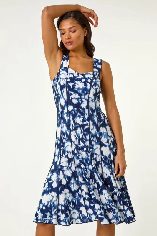 Image of Roman Womens Stretch Abstract Panelled Short Dress in Navy Size: 20 Navy Female 20