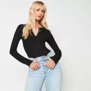 image of Missguided Recycled Tall Rib Button Detail Bodysuit - Black