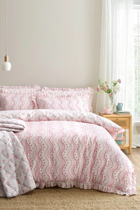 Image of Cath Kidston 'Spitalfield Silk Stripe' Reversible Cotton Duvet Cover Set in Pink Size: Super King Pink Unisex Super King