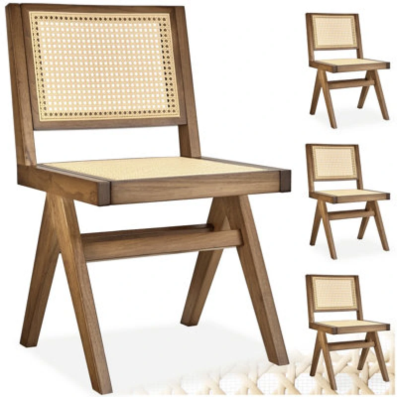 Image of Tectake Set Of 4 Accent Chair Lizzy With Mid-Century Modern Design, Rattan Backrest And Solid Wood Frame - Light Oak
