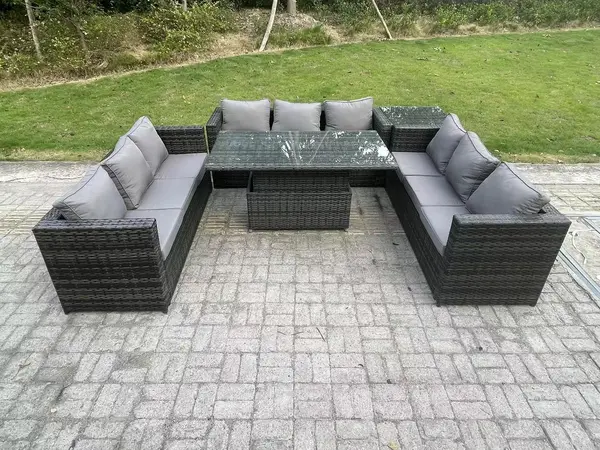 Image of Fimous 9 Seater Outdoor Dark Grey Rattan Lounge Complete Sofa Set with Adjustable Dining Table