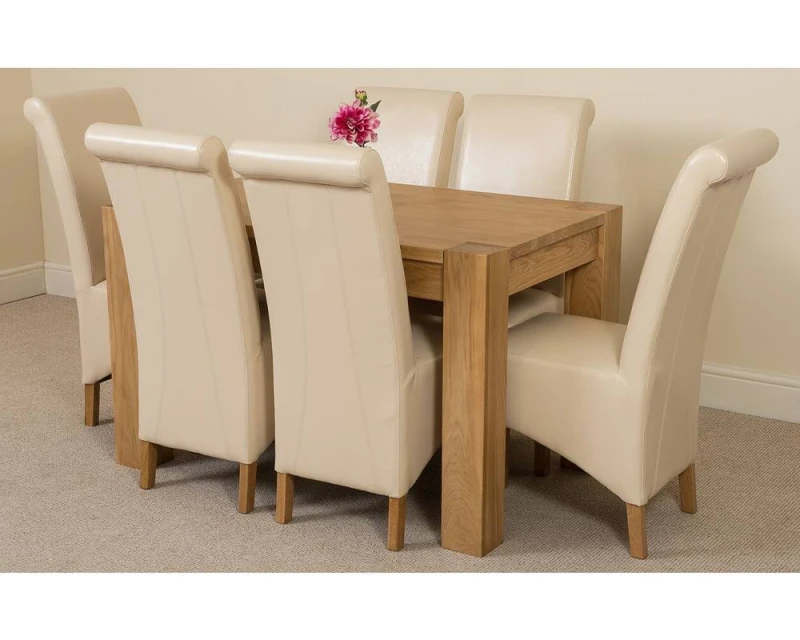 Image of Thats Furniture Kuba 125 x 80cm Chunky Oak Small Dining Table & 6 Montana Leather Chairs in Cream Cream Unisex 125 x 80 cm