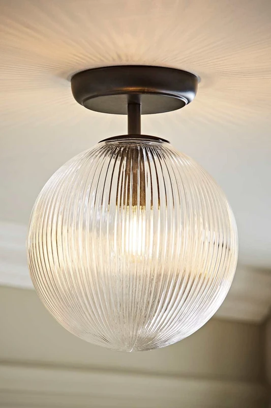 Image of ValueLights Kempton Ribbed Glass Globe Shade Flush Ceiling Light with Bulb in Black Unisex