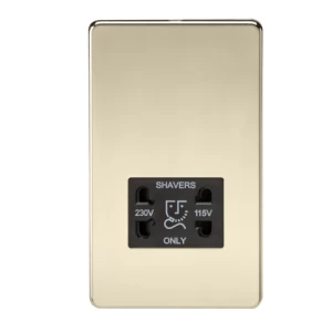 Image of KnightsBridge Screwless Polished Brass Shaver Socket Dual Voltage 115/230V - Black Insert