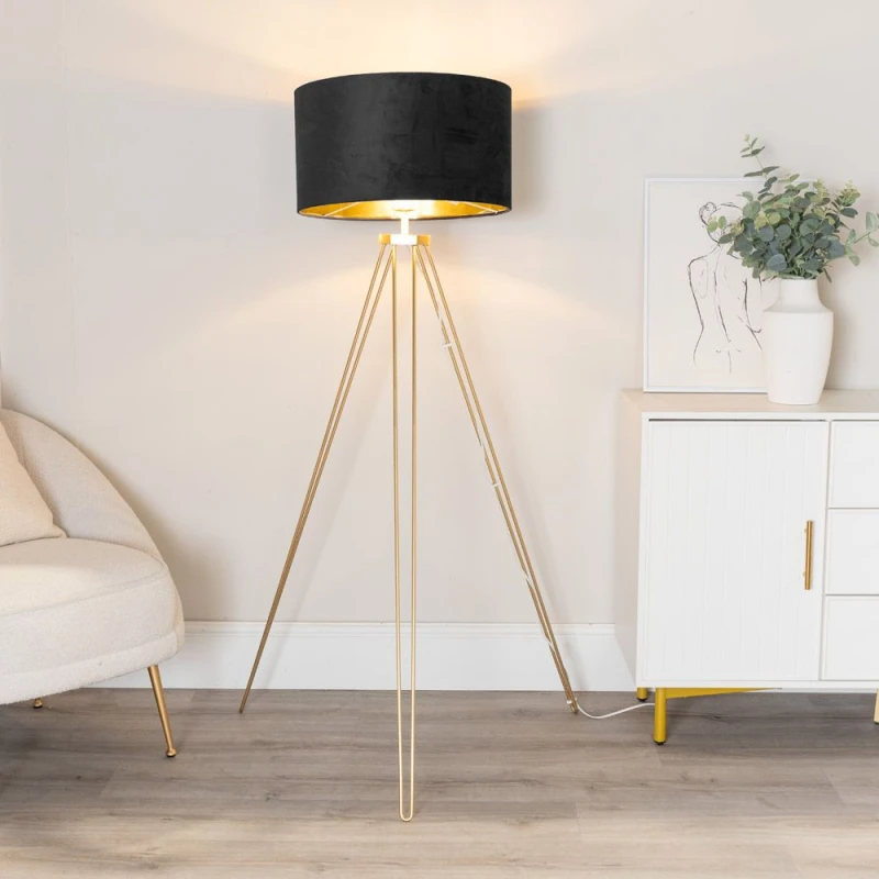Image of ValueLights ValueLights Aero Hairpin Gold Tripod Floor Lamp with Velvet and Gold Drum Lamp Shade in Black One Size Unisex 5059406060915
