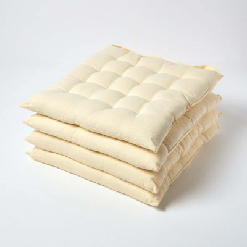 Image of Homescapes Plain Seat Pad with Button Straps, 40 x 40cm, Set of 4 Cream