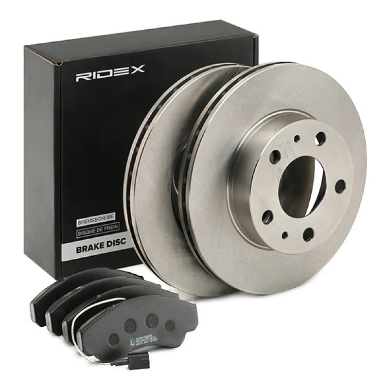 Image of RIDEX 3405B1440 Brake disc and pads set Front Axle, Brake Disc Type: internally vented, with integrated wear sensor Brake Set,disc brakes (3405)