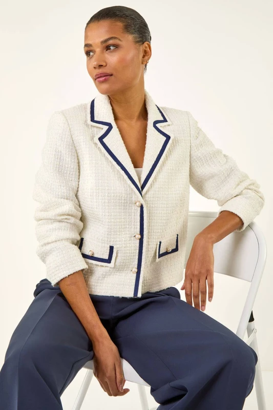 Image of Roman Womens Boucle Contrast Tape Jacket in Ivory Size: 14 Ivory Female 14