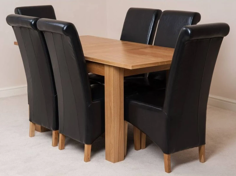 Image of Thats Furniture Hampton 120-160cm Oak Extending Dining Table & 6 Montana Leather Chairs in Black Unisex