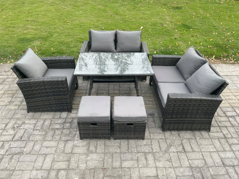 Image of Fimous Wicker PE Rattan Garden Dining Set Outdoor Furniture Sofa with Rectangular Dining Table Love Seat Sofa 2 Small Footstools in Dark Grey Dark Gre