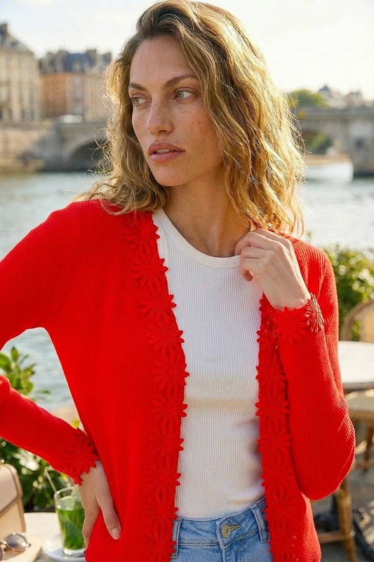 Image of Roman Womens Floral Lace Trim Knit Cardigan in Red Size: 10 Red Female 10
