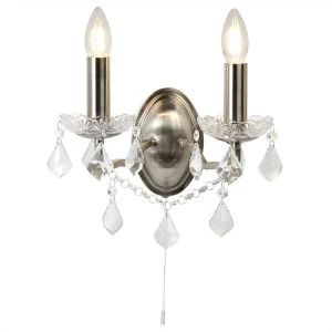 Image of 2 Light Indoor Candle Wall Light Satin Silver, Clear with Crystal Glass, E14