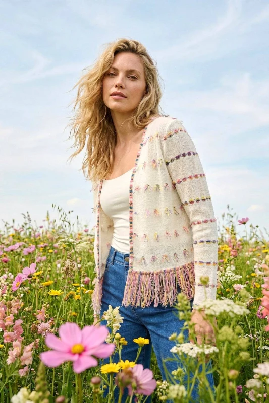 Image of Roman Womens Fringe Light Knit Cardigan in Ivory Size: 12 Ivory Female 12