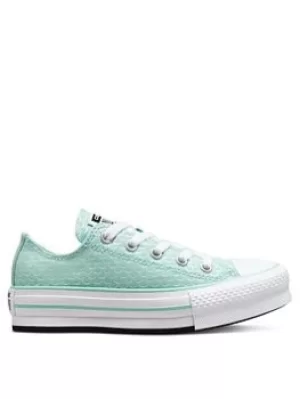 Converse Chuck Taylor All Star Ox Childrens Girls Eva Lift Mermaid Scales Platform Trainers -Blue/White, Blue/White, Size 12