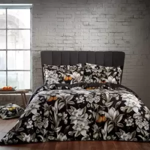 image of Lavish Floral Printed Piped Cotton Sateen Duvet Cover Set Noir, Noir / Double