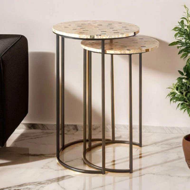 Image of Premier Housewares Set of 2 Pearl Side Nesting Tables, Round Top Tables with Black Iron Legs, Couch Side Tables for Living Room Brown