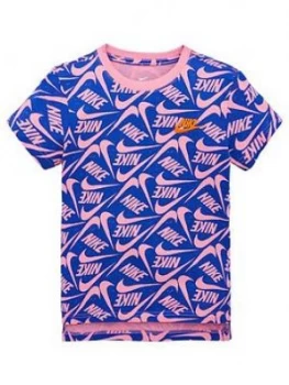 image of Nike Sportswear Older Girls Printed T-Shirt - Blue/Pink