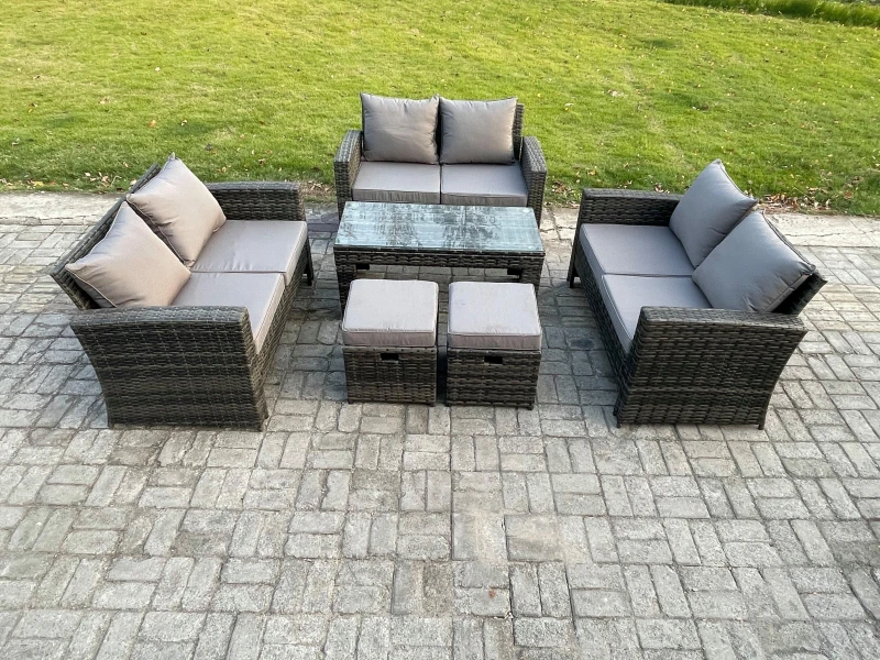 Image of Fimous Outdoor U Shape Sofa Set Wicker PE Rattan Garden Furniture Set with Coffee Table Double Seat Sofa 2 Small Footstools in Dark Grey Dark Grey Uni