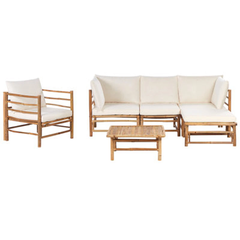 Image of Beliani Garden Lounge Set With Table 5 Seater Cerreto Left Hand Bamboo Wood Off-White