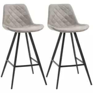 image of HOMCOM Set Of 2 Bar Stools Vintage Microfiber Cloth Tub Seats Padded Comfortable Steel Frame Footrest Quilted Home Bar Cafe Kitchen Chair Stylish Grey