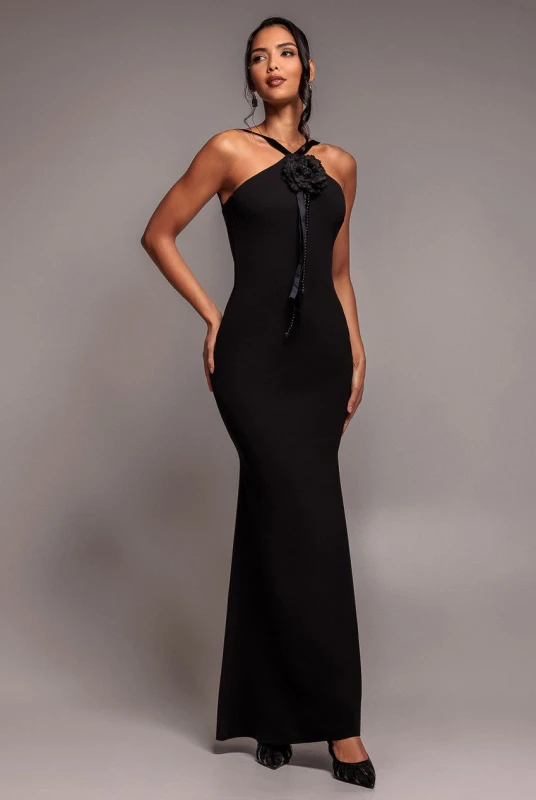 Image of Goddiva Womens Racer Neck Corsage Scuba Maxi in Black Size: 10 Black Female 10
