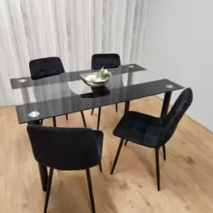 Image of Black Clear Glass Dining Table With 4 Black Tufted Velvet Chairs Kitchen Dining Set