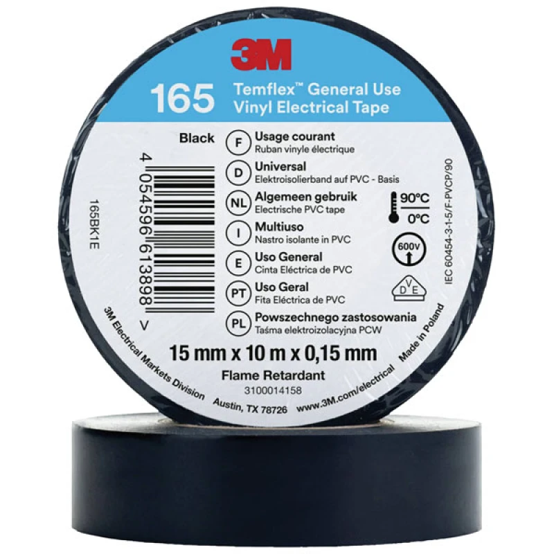 Image of 3M 3M Temflex 165 165YG1E Electrical tape Temflex 165 Yellow (L x W) 10 m x 15mm 165YG1E