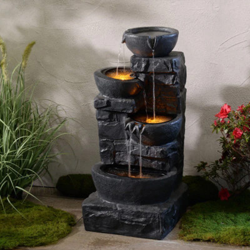 Image of Teamson Home 33'' Cascading Bowls & Stacked Stones LED Outdoor Water Fountain, dark Gray, Grey FT5024DGR-UK