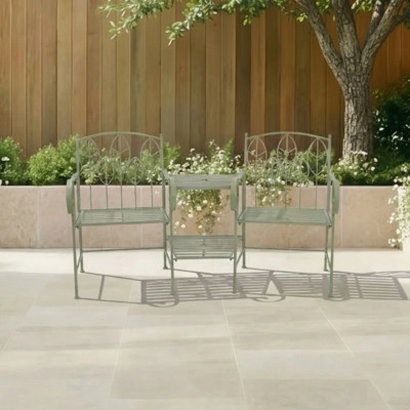 Image of Charles Bentley Sage Green Leaf Design Rustic Metal Garden Companion Seat