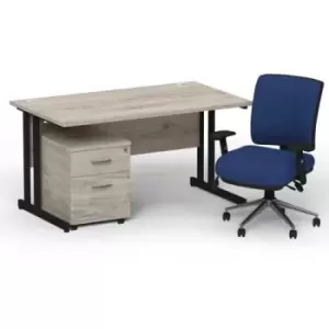 Image of Impulse 1400 x 800 Black Cant Office Desk Grey Oak + 2 Dr Mobile Ped & Chiro Med Back Blue W/Arms