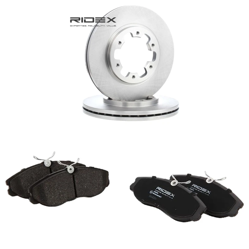 Image of RIDEX 3405B2589 Brake disc and pads set Front Axle, Brake Disc Type: Vented, excl. wear warning contact Brake Set,disc brakes (3405)