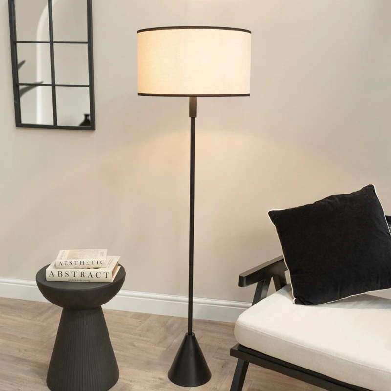 Image of ValueLights ValueLights Mitch Natural Linen Trim Lamp Shade Black Wood Triangle Floor Lamp with LED Bulb Black One Size Unisex 5059406066672