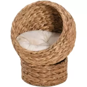 Image of Pawhut - Elevated Kitten Hooded Rattan Cat House Basket Cushion, 42x33x52cm Brown