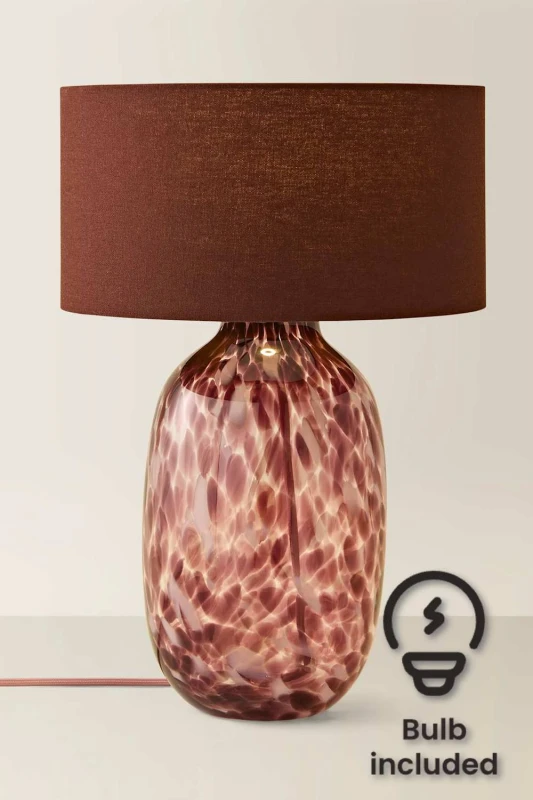 Image of ValueLights Belinda Confetti Glass Table Lamp with Fabric Drum Shade & Bulb in Burgundy Burgundy Unisex