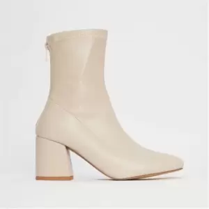 image of Missguided Faux Leather Square Toe Block Heel Sock Ankle Boots - Cream