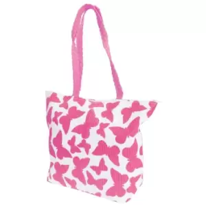 Image of FLOSO Womens/Ladies Straw Woven Butterfly Print Top Handle Handbag (One Size) (White/Fuchsia)