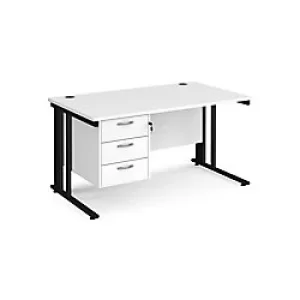 Image of Rectangular Straight Desk White Wood Cable Managed Legs Black Maestro 25 1400 x 800 x 725mm 3 Drawer Pedestal